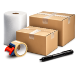 Moving kit with 15 small boxes 16x10x10, 15 medium boxes 18x14x12, 12x24 bubble wrap roll, 2 inch packing tape and black marker