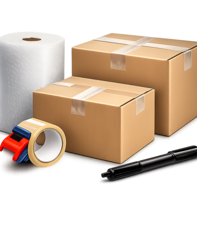 Moving kit with 15 small boxes 16x10x10, 15 medium boxes 18x14x12, 12x24 bubble wrap roll, 2 inch packing tape and black marker
