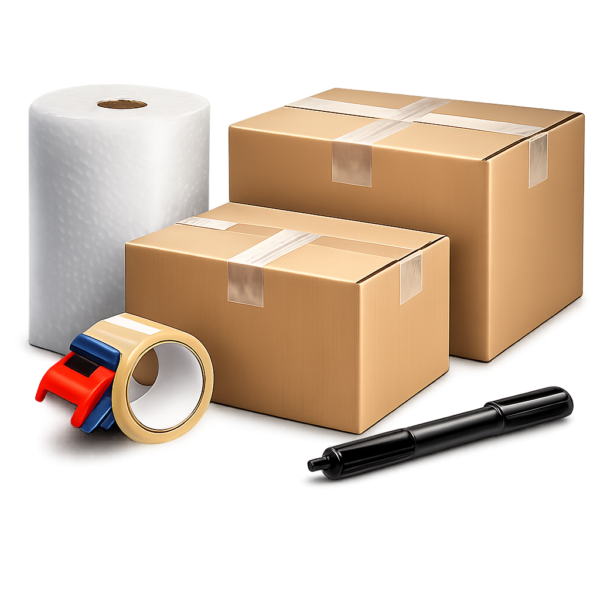 Moving kit with 15 small boxes 16x10x10, 15 medium boxes 18x14x12, 12x24 bubble wrap roll, 2 inch packing tape and black marker