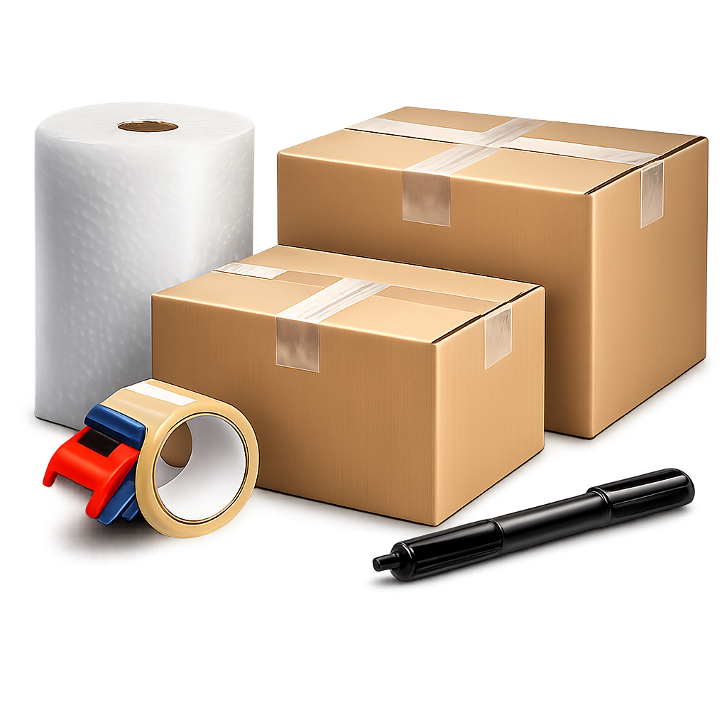 Moving kit with 15 small boxes 16x10x10, 15 medium boxes 18x14x12, 12x24 bubble wrap roll, 2 inch packing tape and black marker