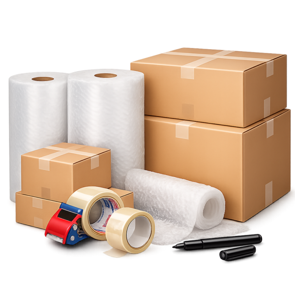 48 moving boxes kit with 18 small 16x10x10, 18 medium 18x14x12, 12 large 20x20x15, bubble wrap rolls, packing tape and black marker