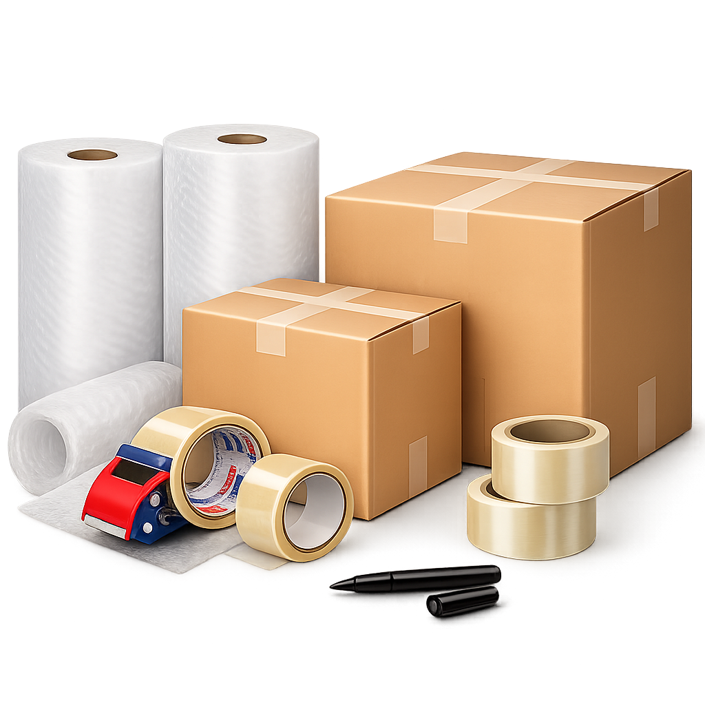 65 moving boxes kit with 20 small 16x10x10, 20 medium 18x14x12, 25 large 20x20x15, bubble wrap rolls, packing tape and black marker
